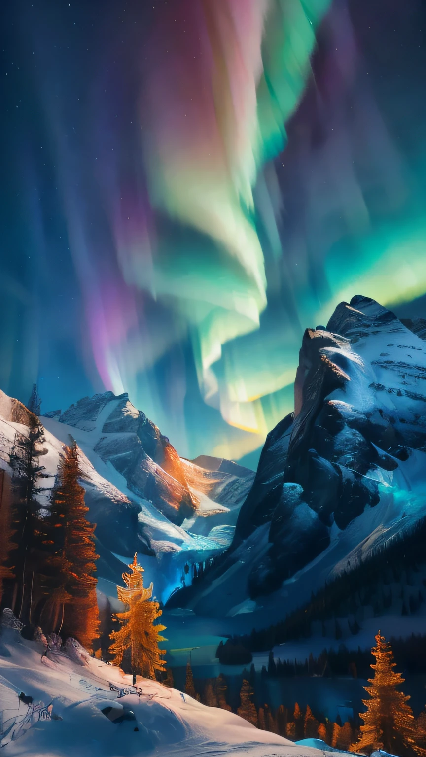 mountains with snow and trees in the foreground and a aurora borealis above them, northern lights, dramatic, rainbow aurora, magnificent background, dark orange, ultramarine bleu, realistic, trending on artstation, sharp focus, studio photo, intricate details, highly detailed, 8k