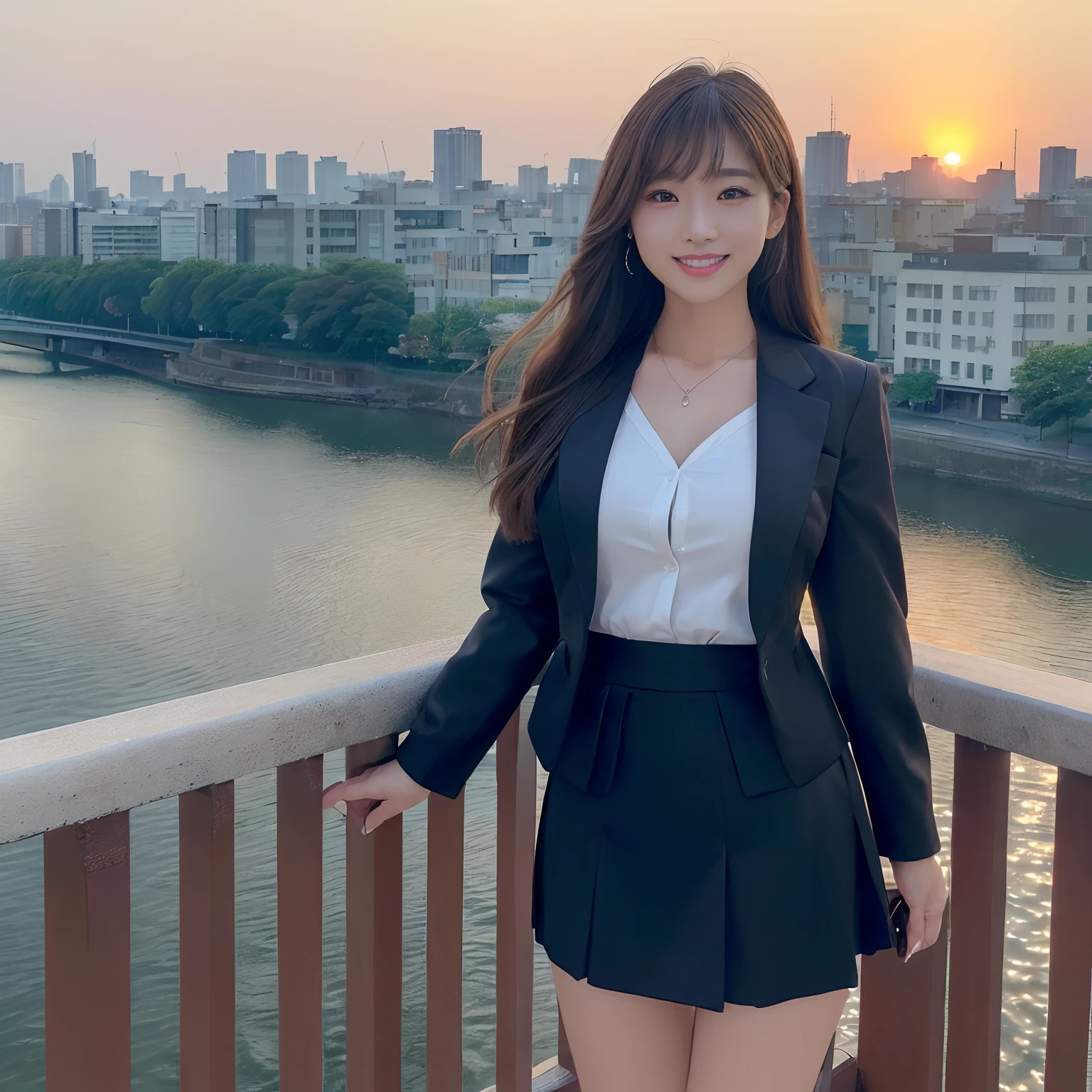 (((Best Quality, masutepiece, 超A high resolution、The most complex and detailed depictions)))、(One woman、OL、office attire、Navy Suit Jacket、white  shirt、tight skirts、a miniskirt、Perfect gas chamber)、((Walk on the bridges of the city、Walk on the iron bridge、Perfect iron bridge、Bridge over the taiga、Big rivers、A large group of buildings in the background、TOKYOcty、tokyo streets、Lots of buildings in the background、Evening glow、Beautiful sunset、Fantastic sunset、Spectacular lighting of the film、Shot from the waist up))、Emphasize body lines、A slight smil、grin、Perfect makeup、long、straight haired、a necklace