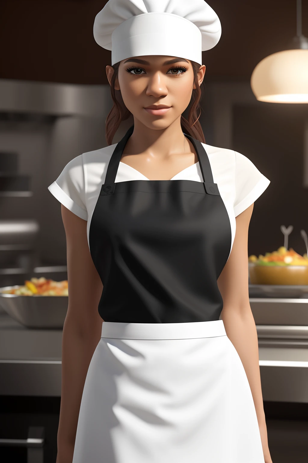 half-body portrait 3d render, Zendaya working as a line cook in a busy restaurant, sporting a white chef hat and apron, 3d, octane render, depth of field, unreal engine 5, concept art, vibrant colors, glow, trending on artstation, ultra high detail, ultra realistic, cinematic lighting, focused, 8 k