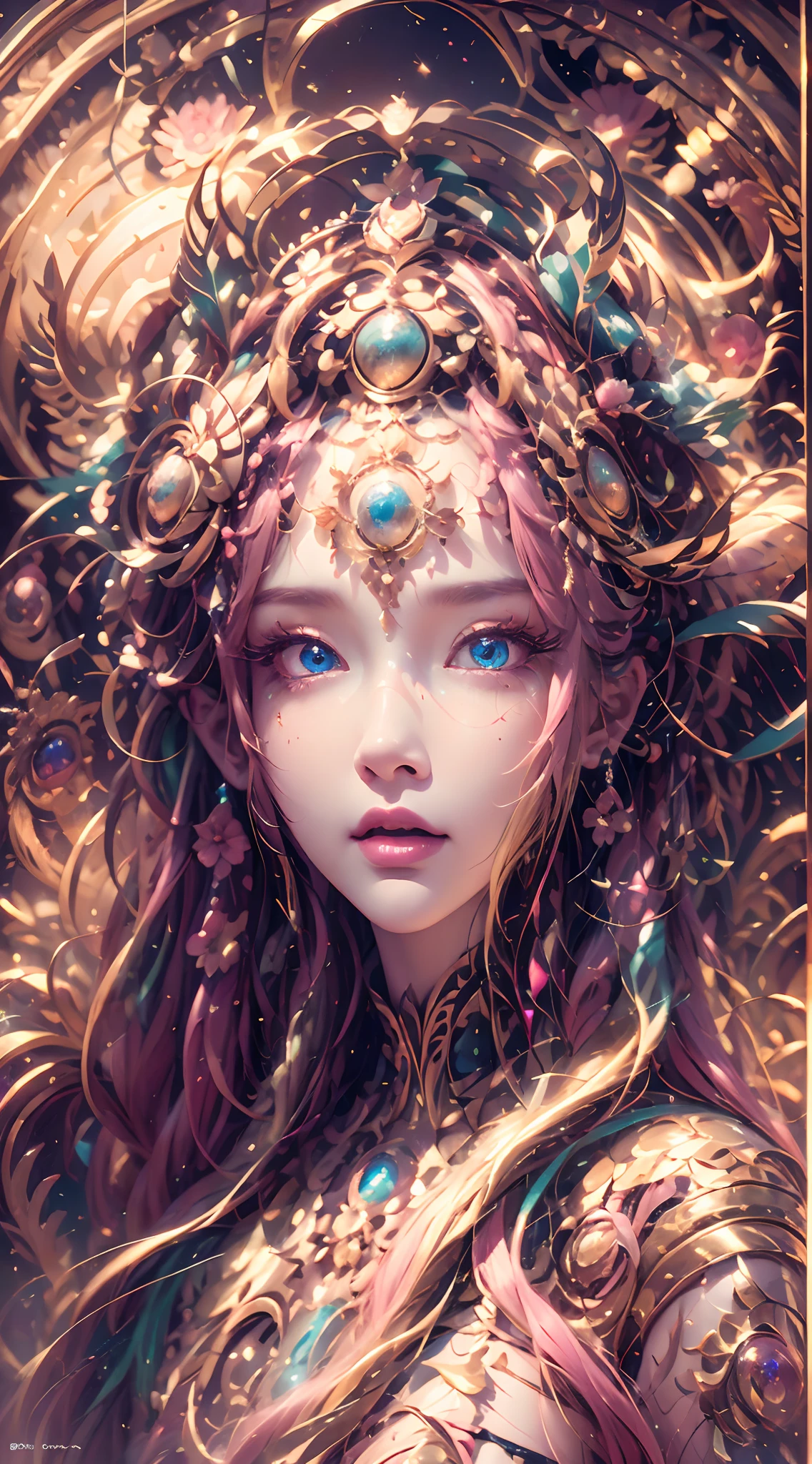 （best qualtiy，ultra - detailed，Most Best Illustration，Best shadow，tmasterpiece，A high resolution，professionalartwork，famousartwork），Sky blue picture style，Detailed eyes，beautidful eyes，closeup cleavage，sci-fy，colored sclera，Robot eyes，face markings，pink Tattooed with，（fractalized，Fractal eyes），largeeyes，Wide eyes，（Eye focus），sface focus，Cosmic eyes，Space eyes，Close-up of metal sculpture of a woman with a moon in her pink hair，goddess 。extremly high detail，3 d goddess portrait，Extremely detailed footage of the goddess，a stunning portrait of a goddess，Full body close-up portrait of the goddess，hecate goddess，portrait of a norse moon goddess，goddess of space and time，PureErosFace_V1，Urzang-6500-V1 version.1，goddes wearing pink dresss and pink headpieces