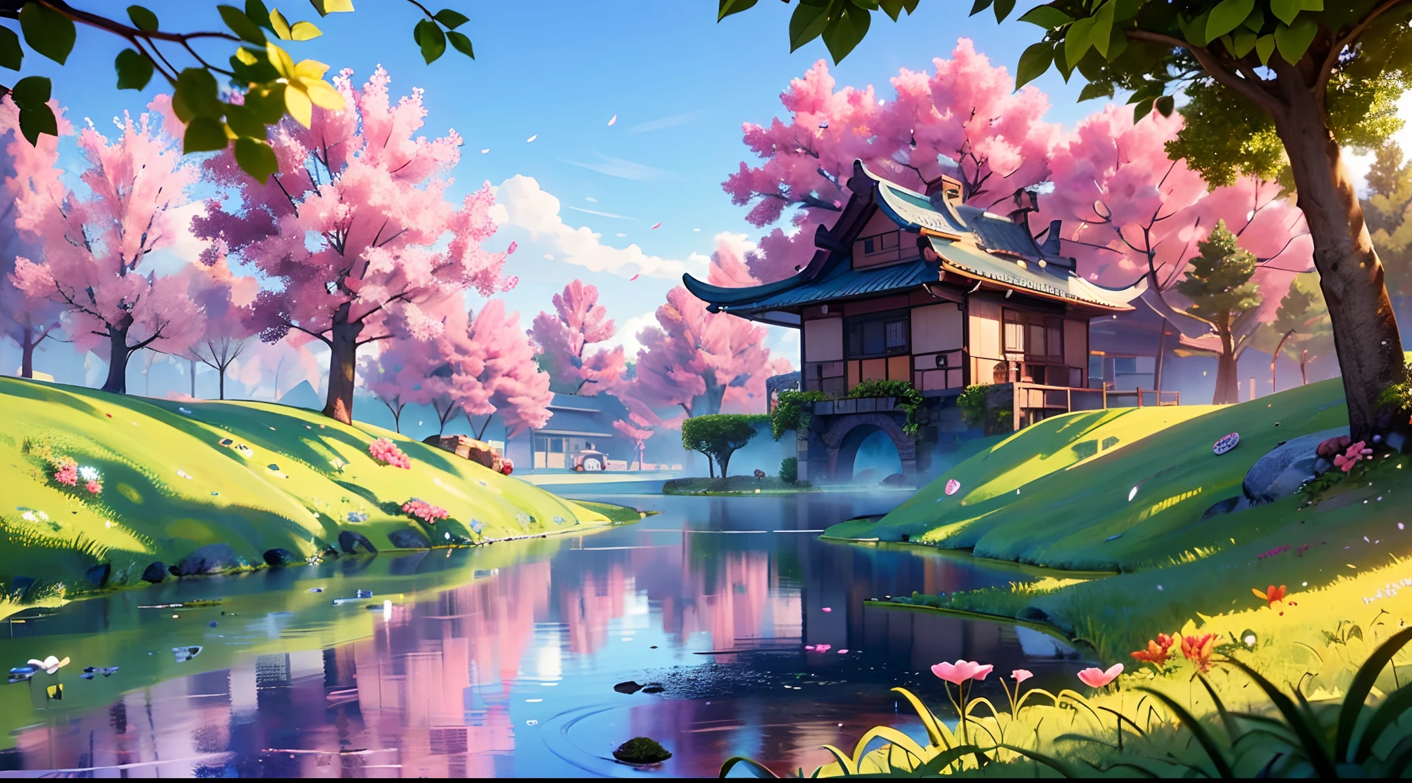 (Cherry trees,cerezo), Belleza de fondo, Antecedentes de la ciudad, Obra maestra, La mejor calidad,(Super detailed), (hermoso fondo, Antecedentes detallados), reflecion,(Arriba Disparo:1.5),(ciudad moderna)