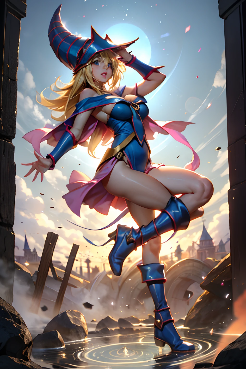 (Masterpiece:1.2), (The best quality:1.2), Perfect lighting, Dark Magician Girl casting a spell, floating in the air, Levitating over a magic circle , Circle Portal, big tits, open neckline, magic background. Seductive and sexy pose. Fireworks background.  dragon armaguedon