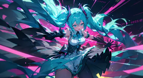 Hyper detailed anime style rendering of Hatsune Miku amidst a vibrant neon futuristic concert, passionately communicating emotio...