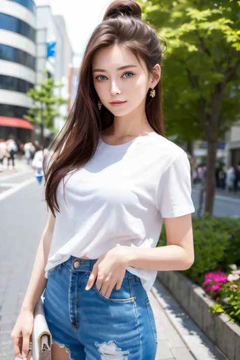 ((masterpiece, top quality, super definition, high definition)), alone, beautiful girl, perfect eyes, blue eyes, 22 years old, long hair up, super realistic, casual clothes various colors, celebrity, Japanese features, somewhere place of japan, in the city...