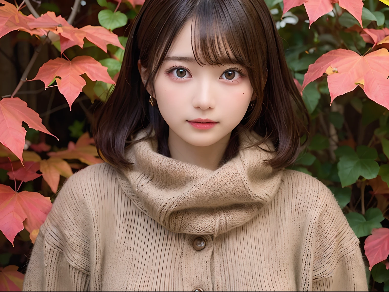 masutepiece, Best Quality, One girl, (a beauty girl, kawaii:1.3), (20 years old:1.3), Very fine eye definition, (Symmetrical eyes:1.3), (Autumn leaves), (Sweaters, scarf:1.2), Big breasts, Big , large full breasts, Double D size, Show cleavage, Brown eyes, Parted bangs, Brown hair, girl