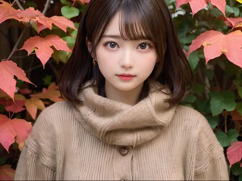 masutepiece, Best Quality, One girl, (a beauty girl, kawaii:1.3), (20 years old:1.3), Very fine eye definition, (Symmetrical eyes:1.3), (Autumn leaves), (Sweaters, scarf:1.2), Big breasts, Big Tits, large full breasts, Double D size, Show cleavage, Brown e...