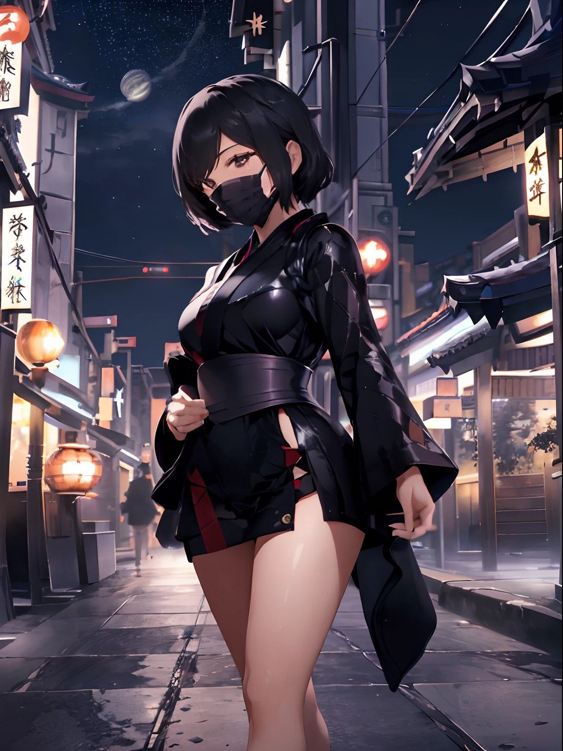 A night city with skyscrapers in the distance,Sky with moon and stars,fluffy hair,stealth,Kunoichi,Japanese dress,Wearing a mask,Fly around the night sky,