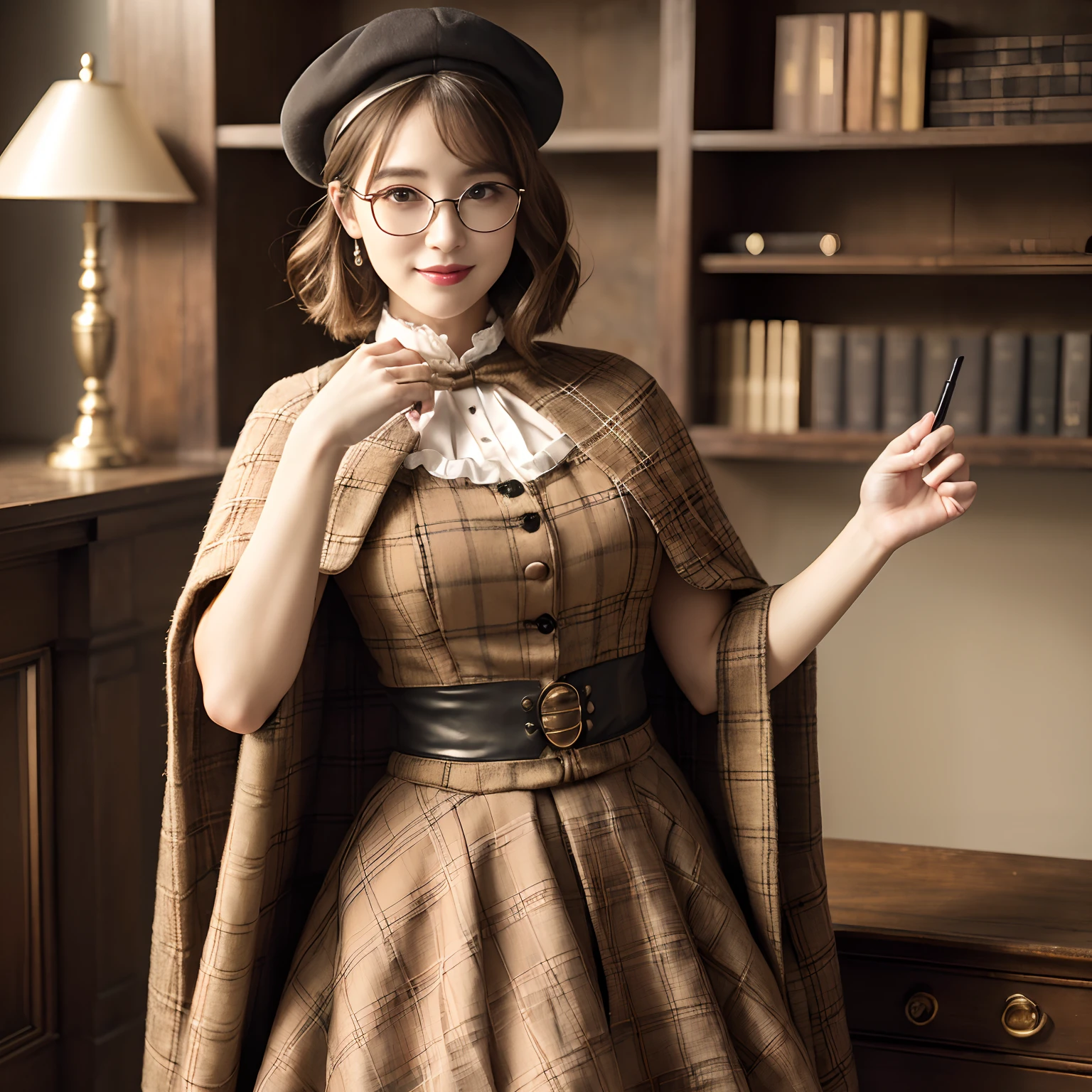 (((Best Quality, masutepiece, 超A high resolution、The most complex and detailed depictions)))、(One woman、Female Detective、Elegant round glasses、Pill glasses)、(((Plaid brown cape、Plaid brown beret、Brown Check Skirt、Short cape、The length of the cape is up to the waist、Outfit unified in brown and plaid、Wear the uniform、detective attire、Victorian costume)))、((retro vibes、Rooms at Medieval Europe、Huge bookshelf、Bookshelves on the wall、Stand in front of a bookshelf))、((Bright lighting in warm tones、perfect hand、A detailed face、hide one's hands))、Calm and elegant rooms、Perfect gas chamber、Perfect fingers、A slender、Emphasize body lines、Beautiful white teeth、Perfect shiny hair and skin、perfect anatomia、Smile、Smile at me、short-hair、straight haired