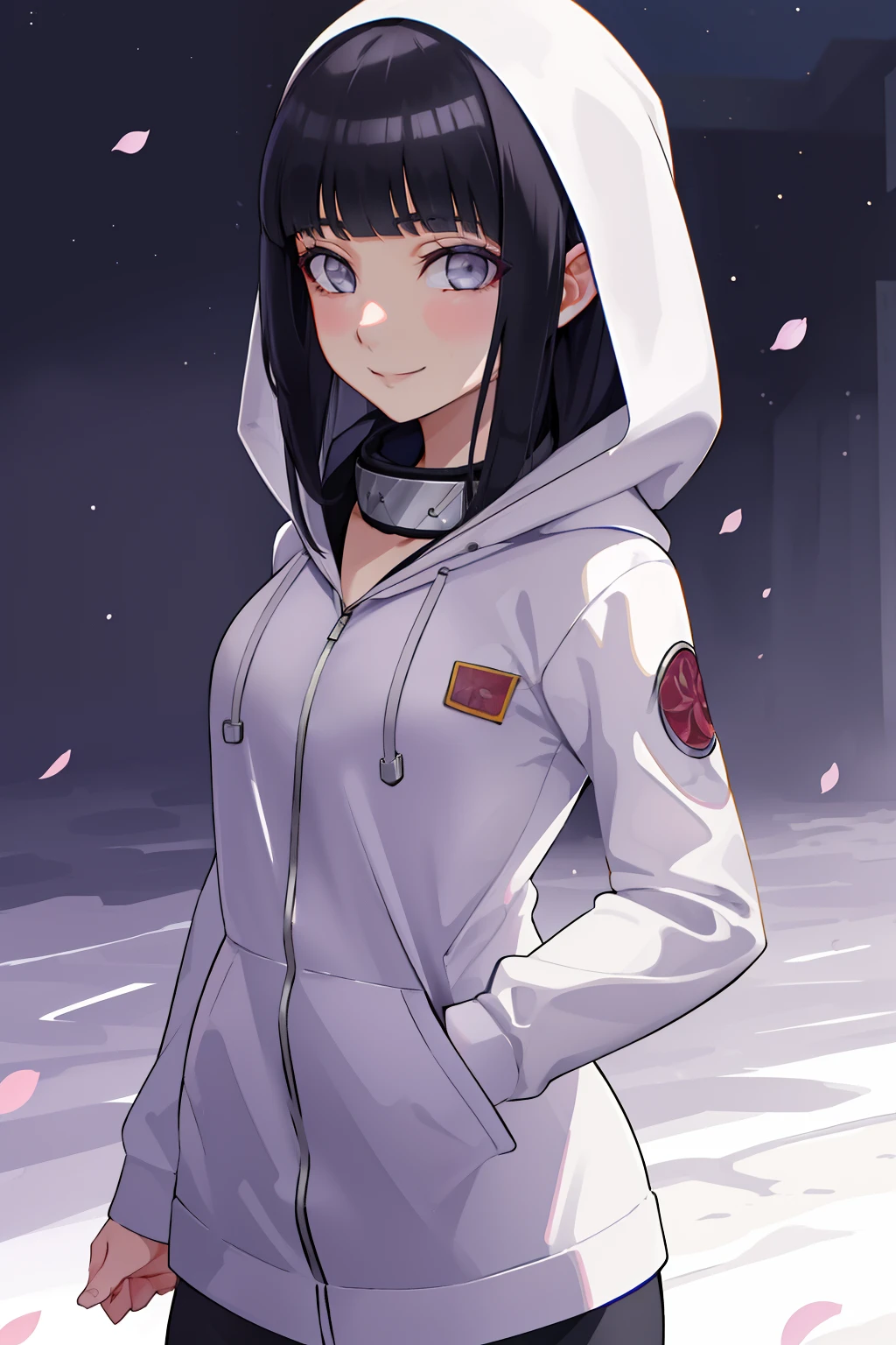 beautiful, masterpiece, best quality, extremely detailed face, perfect lighting, 1girl, hinata, hyuuga hinata, bangs, empty_eyes, black_hair, blunt_bangs, grey eyes, grey sleeves, headband_around_neck, highres, hime cut, hooded_cardigan, long sleeves, looking_at_viewer, petals, smile, solo, straight hair, upper body, hooded jacket, perfect body