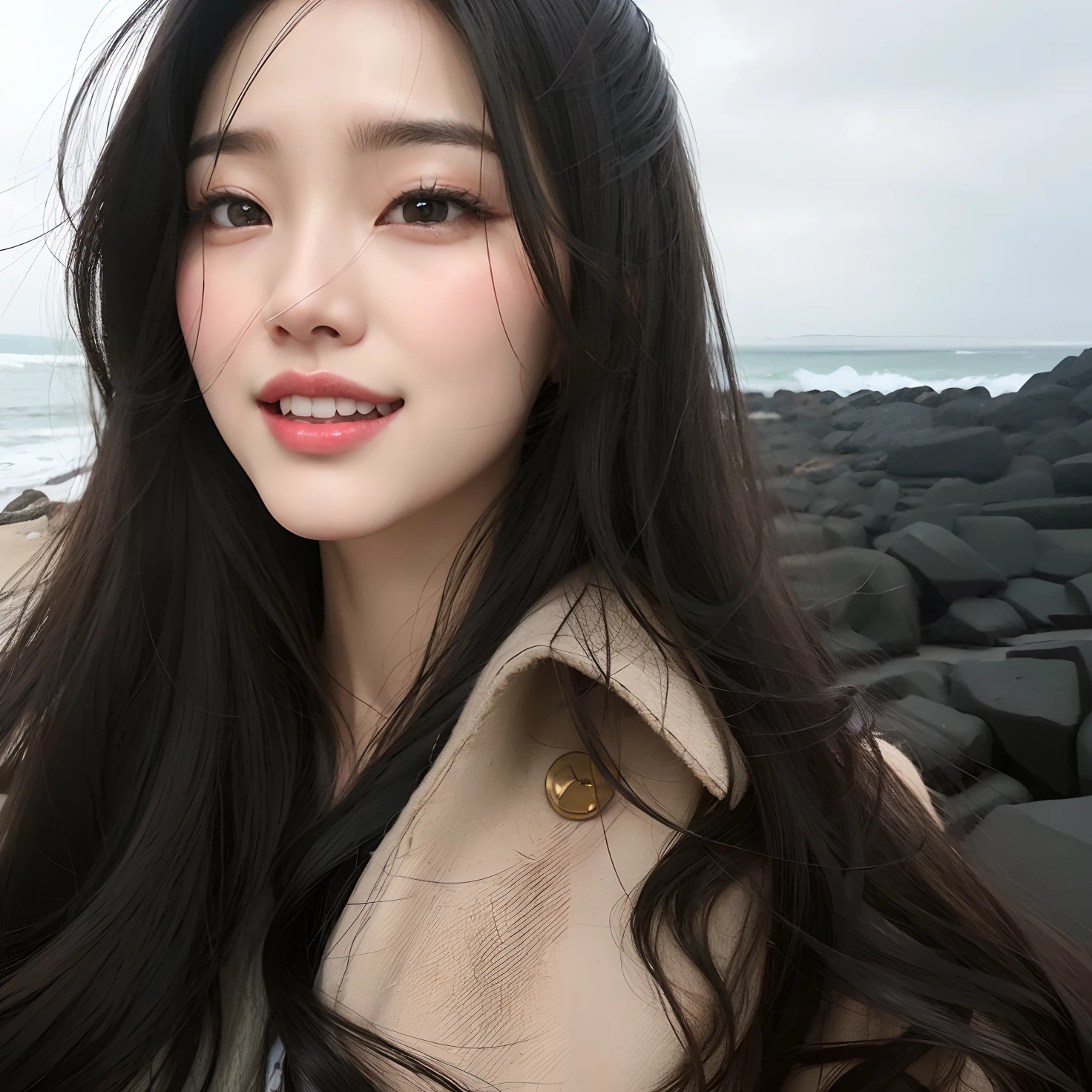 A close up of a woman with long black hair standing on a beach - SeaArt AI