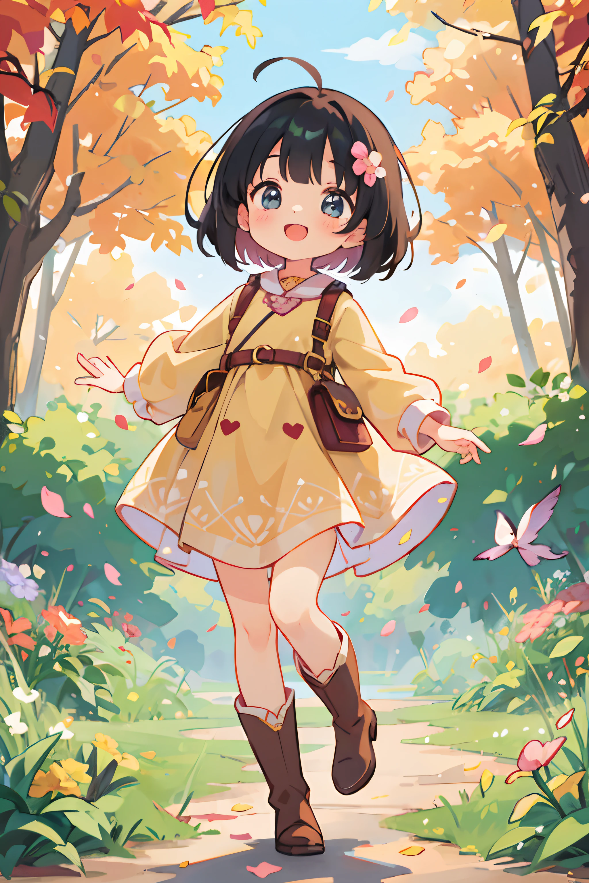 Stand in front of the photo、1girl in,Full body,Short Bob,,long boots,Open mouth and big smile、kawaii pose、Flowing iridescent silk、up of face、Eye Up、Colorcon with heart pattern、Floral dress、There are flowers even in front of you、flower petals、season!!:autumnal☀ 🍂