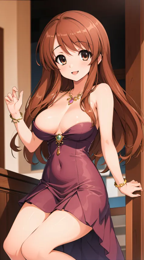 (masterpiece), asahina mikuru, elegant dress, gems, at elegant party, giving a cute and sexy smile, detailed eyes, perfect face,