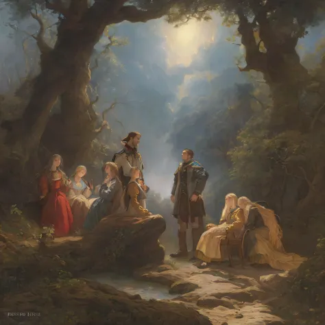 pintura de um grupo de pessoas sentadas em uma rocha em uma floresta, inspirado em Carl Heinrich Bloch, inspired by Théodore Cha...
