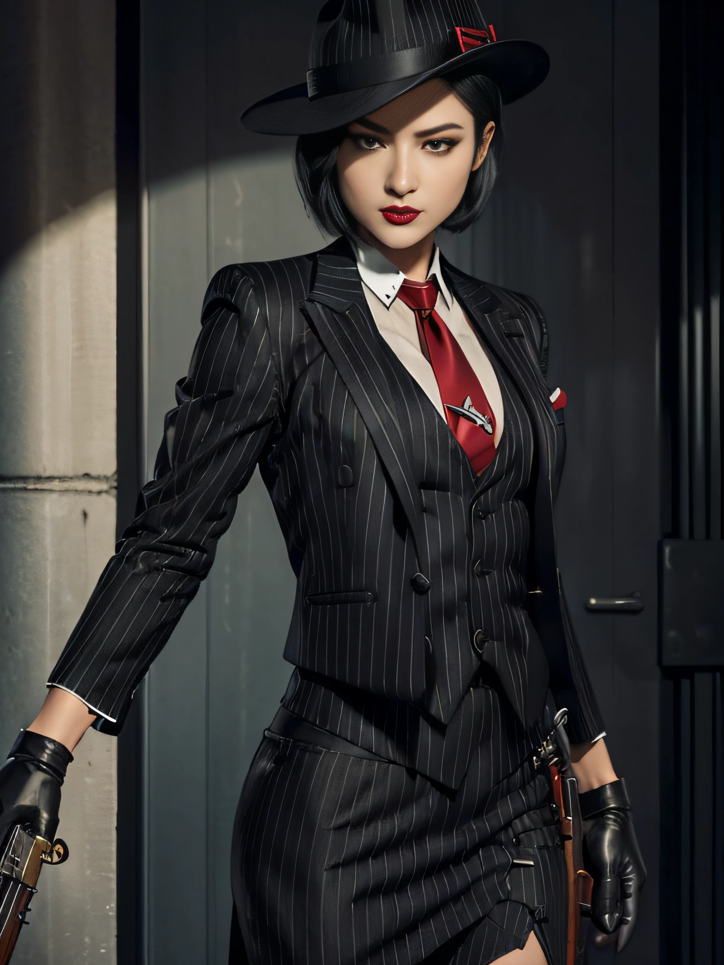 Ada Wong, short hair, 1girl, makeup, silky hair, fully clothed, gangster, mafia, (((black pinstripe skirt suit))), (((three-piece suit))), (((necktie))), blazer, (((suit jacket))), (((waistcoat))), double-breasted waistcoat, bodycon skirt, (((pencil skirt))), pantyhose, tights, stockings, ((red lipstick)), ((pinstripe suit)), high heels, belt, tie clip, pocket square, tailored suit, (((holding tommy gun))), holding gun, battle ready, (((black gloves))), black fedora