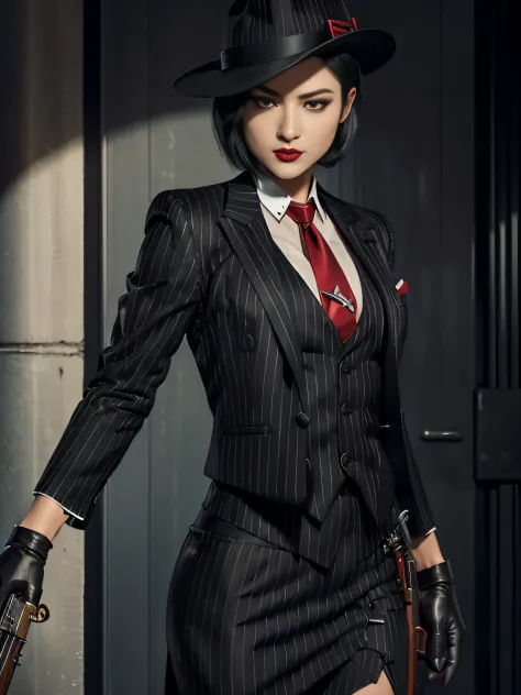 Ada Wong, short hair, 1girl, makeup, silky hair, fully clothed, gangster, mafia, (((black pinstripe skirt suit))), (((three-piec...