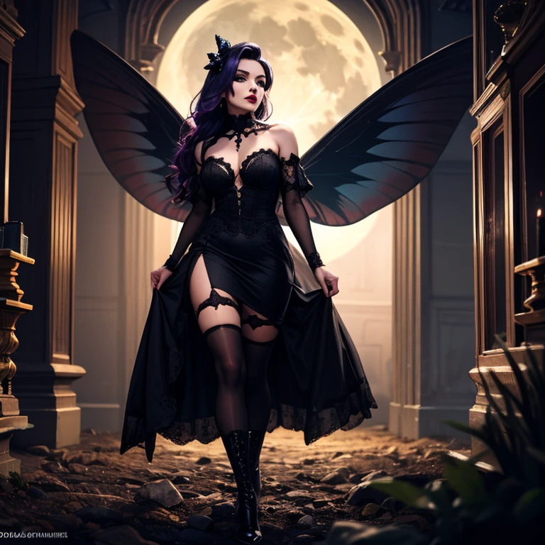 one girl, Dark Butterfly Wings , Black Dress, Gothic Style, Loita Dress, Black Boots, Black Stockings, Dark and Purple Hair , Eyes Shadows ++ , Darker Lips + , Gothic make-up, (Best quality:1.1), (Masterpiece:1.4), 1fille, (cheveux volumineux)+ , cheveux longs , (Yeux Bleux) , gros seins , (Large, dark lips)+ , peau brillante, brillant, starry night, dans une chambre, Bas dentelle, Dark Forest , Stary Sky , Full Moon