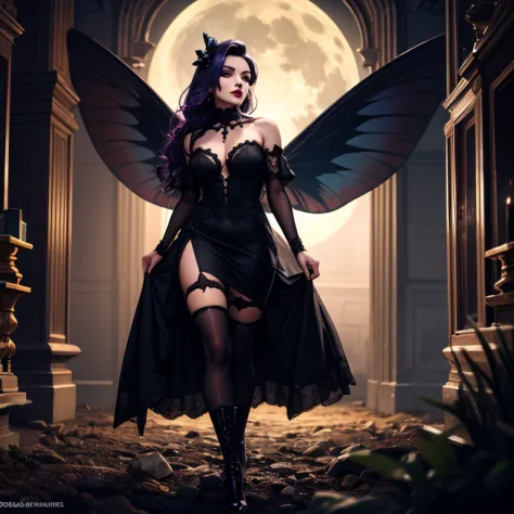 one girl, Dark Butterfly Wings , Black Dress, Gothic Style, Loita Dress, Black Boots, Black Stockings, Dark and Purple Hair , Ey...