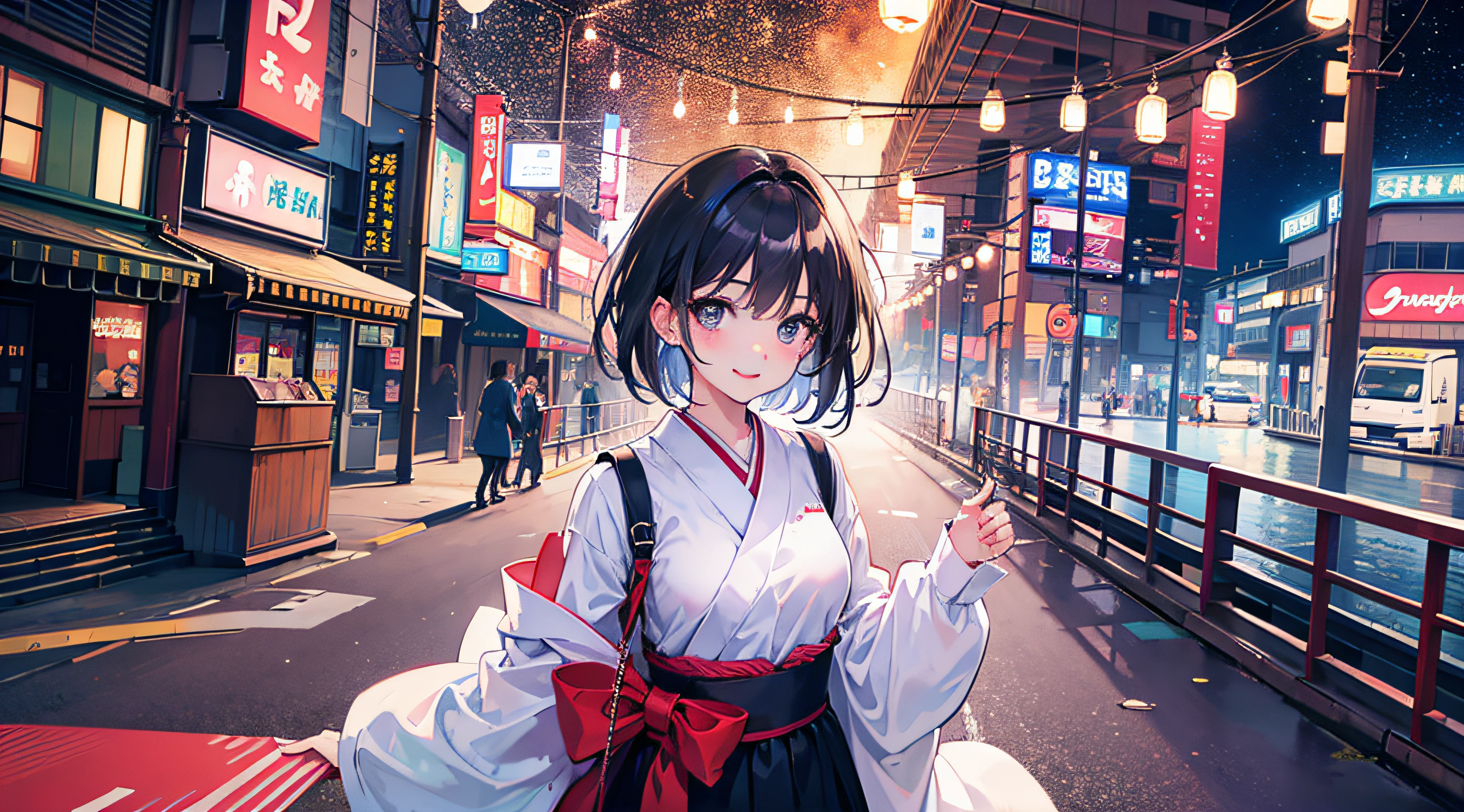 (Realistic painting style:1.0), Masterpiece, Best quality, absurderes, comic strip, illustration,
1 girl, medium hair, cute girl, young and cute girl, japanese girl, {Breasts}, 
a girl standing on a bridge with lights in the background, with short hair, in tokyo, in tokyo at night, in carnival, carnival, (smile:1.0)