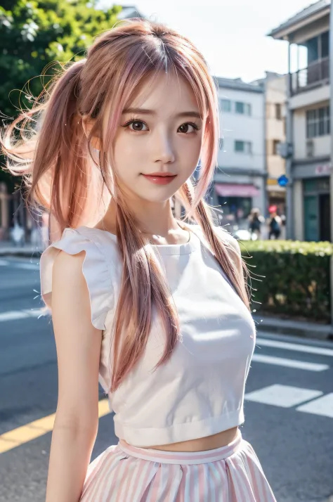 masutepiece, Best Quality, beautiful detailed hair detailed face, Perfect feminine face,  Happy, Beautiful and cute girl with sparkly pink hair, Color White Shirt, Striped skirt, (Features of close-up pots:1.2), hair floatingin the wind, Standing on the st...