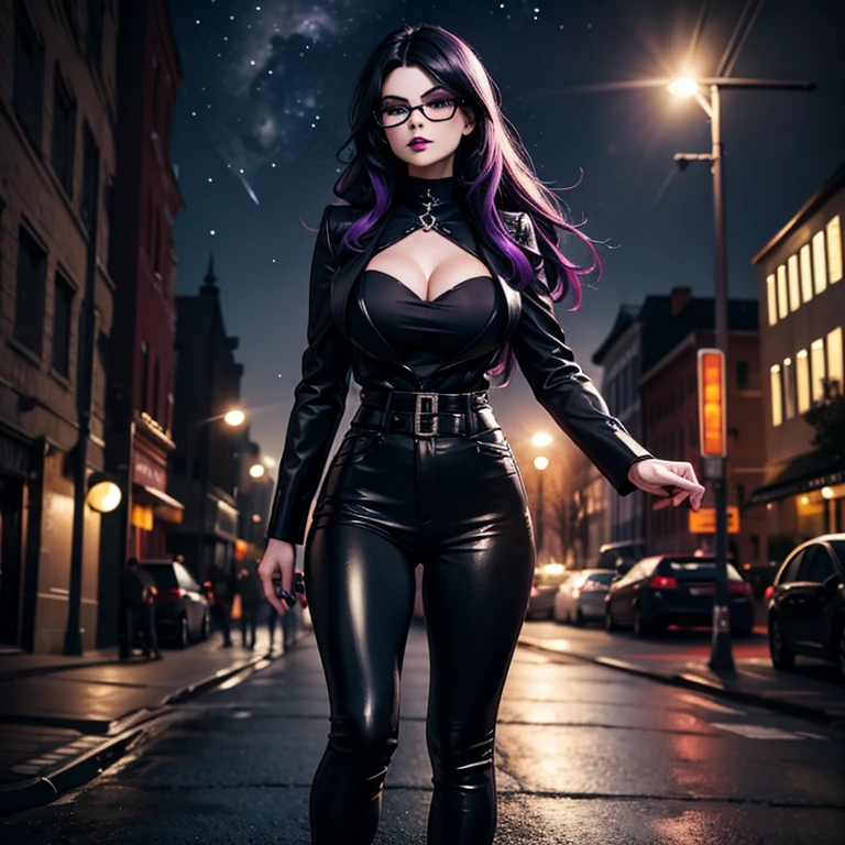 one girl, Black Trousers, Black Top, Gothic Style, Black Boots, Glasses, Black Stockings, Dark and Purple Hair , Eyes Shadows ++ , Darker Lips + , Gothic make-up, (Best quality:1.1), (Masterpiece:1.4), 1fille, (cheveux volumineux)+ , cheveux longs , (Yeux Bleux) , gros seins , (Large, dark lips)+ , peau brillante, starry night,  Urban Scene ,Neons Light, Stary Sky , Full Moon