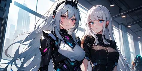 beutiful white girl cyborg, girl with silver hair, barbie cyborg, ice queen, cyberpunk robotic elven queen, artificial intellige...