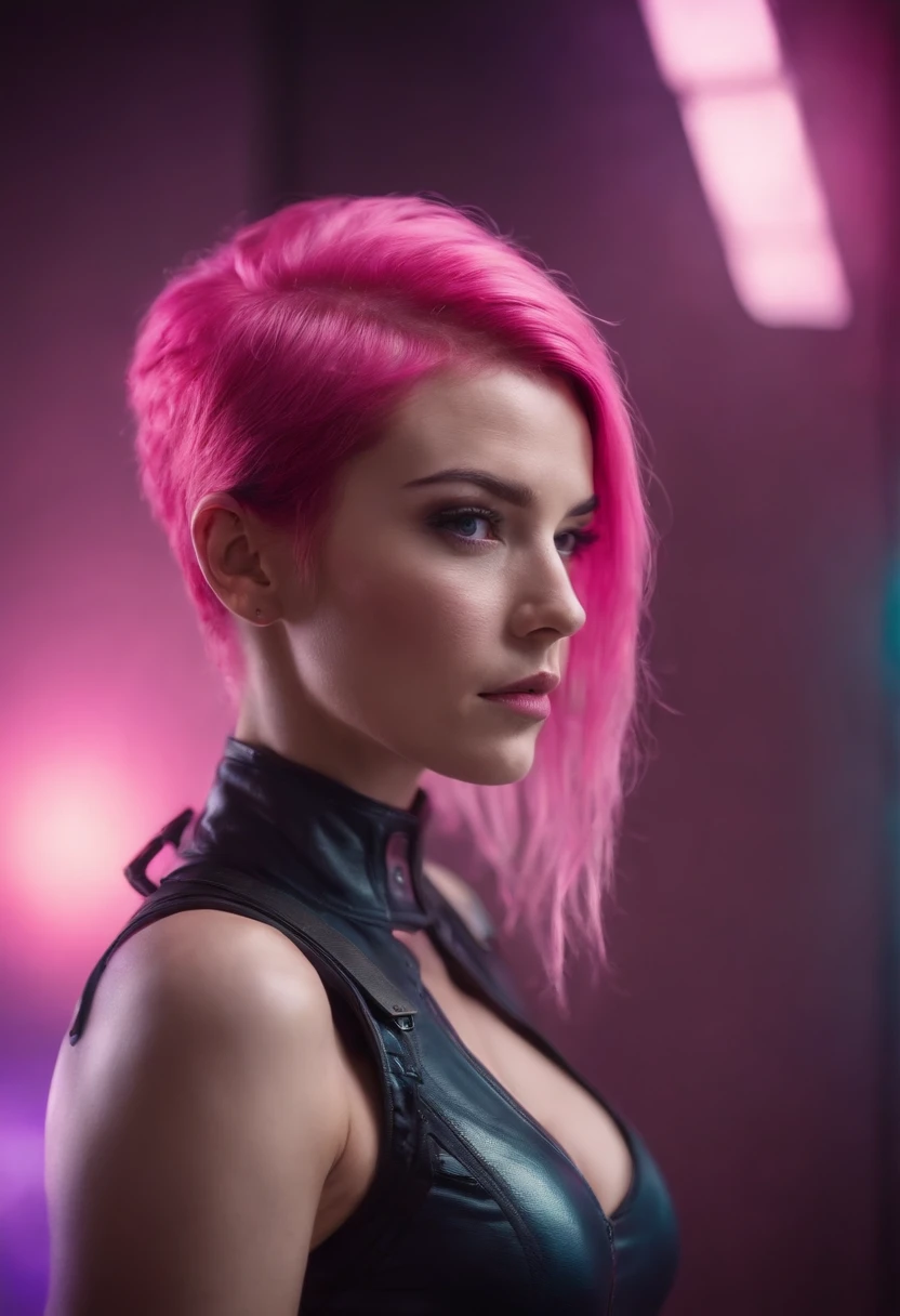 Sensual cyberpunk neon woman holding gun pink hair