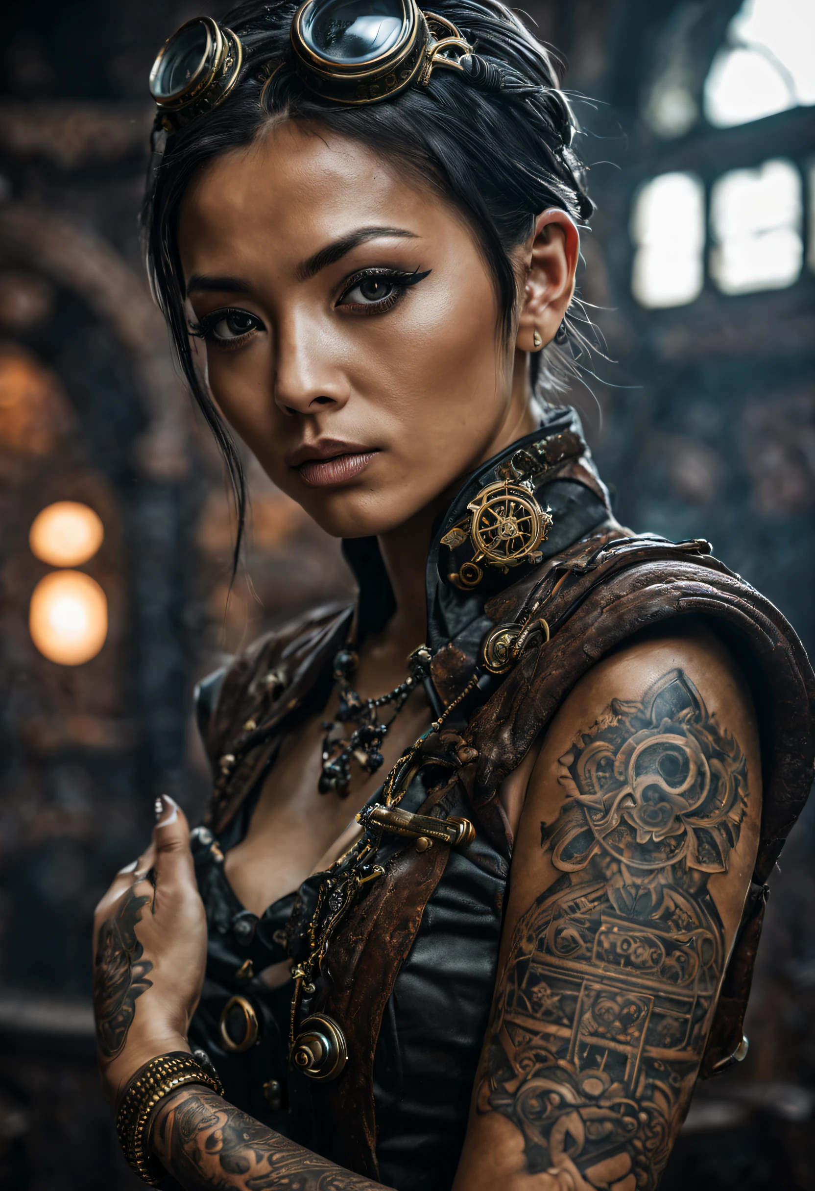 A stunning photograph of a female Buddhist monk in a meticulously designed steampunk setting. Tattoo. Her eyes and the detailed environment create an engaging image. The sharp focus ensures that every aspect of her face, skin, and body is highly detailed. This artwork has the potential to trend on ArtStation. (Photographed with a high-end DSLR camera, f/2.8, 1/200s, ISO 400)