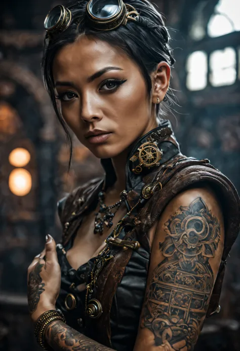 A stunning photograph of a female Buddhist monk in a meticulously designed steampunk setting. Tattoo. Her eyes and the detailed ...