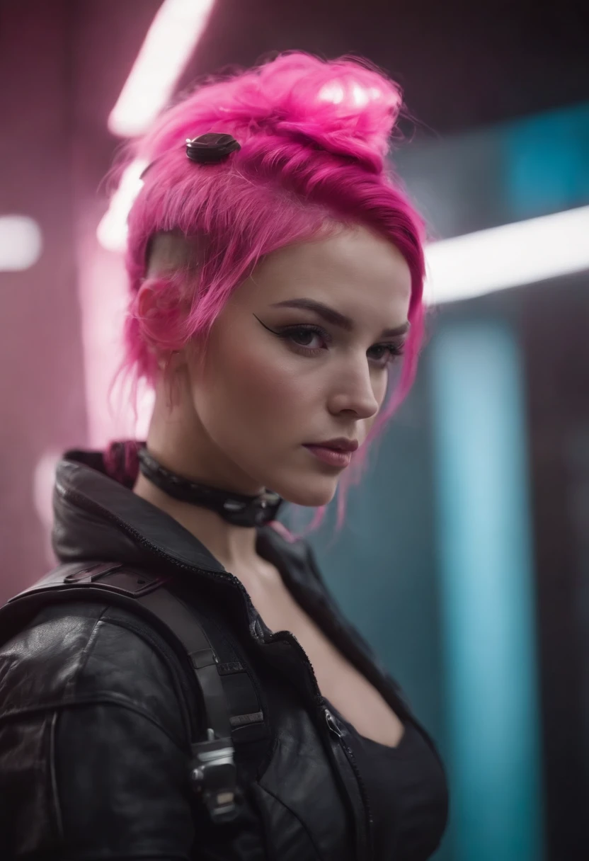 A close up of a woman with pink hair wearing a black jacket - SeaArt AI