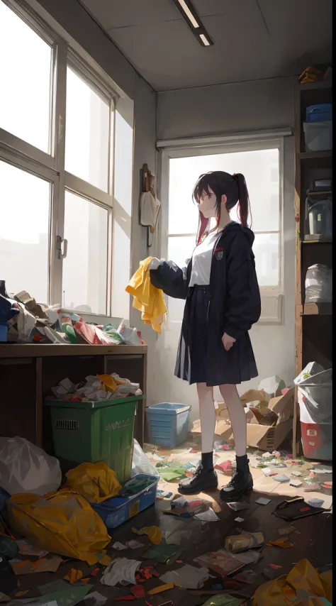 This illustration is、Cute little girl standing in a room full of garbage、It depicts a moment of rage over a situation。She、Holdin...