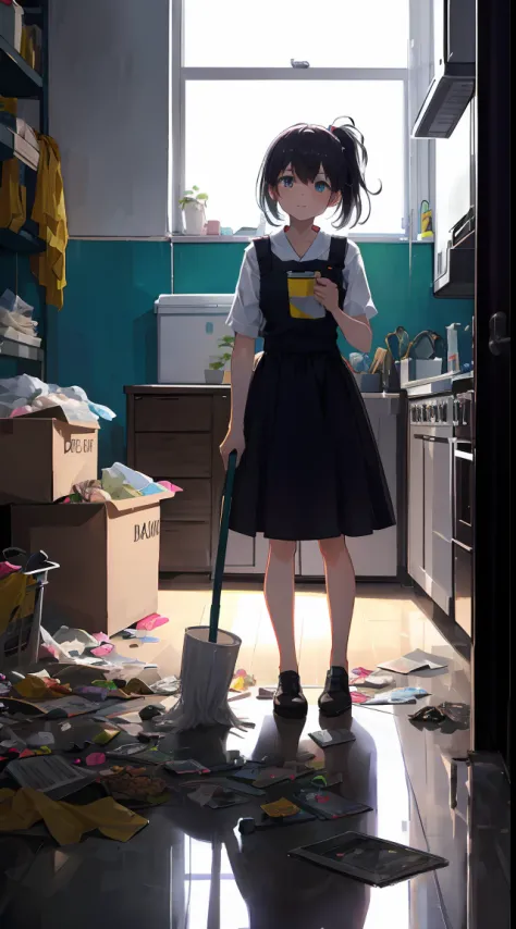 This illustration is、Cute little girl standing in a room full of garbage、It depicts a moment of rage over a situation。She、Holdin...