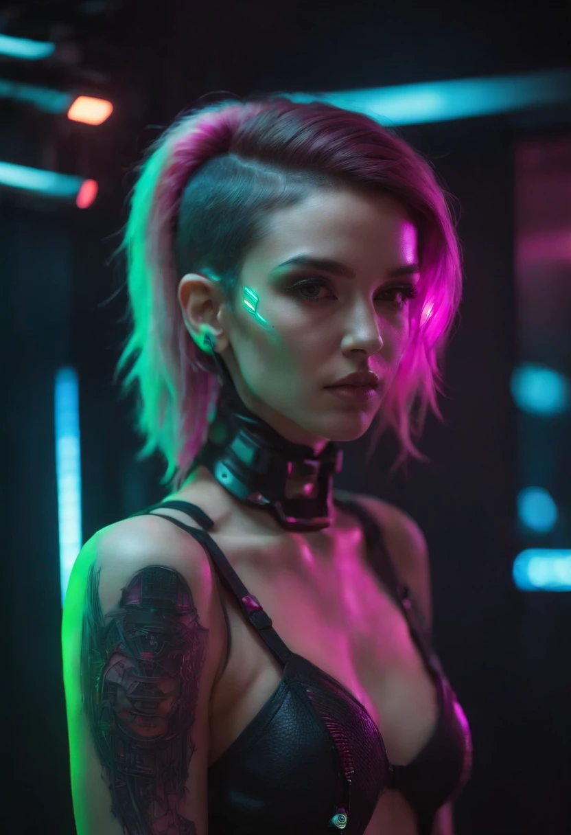 Mulher Sensual Cyberpunk Neon Segurando Arma Long Messy Pink Hair Futuristic Head Gear Dj