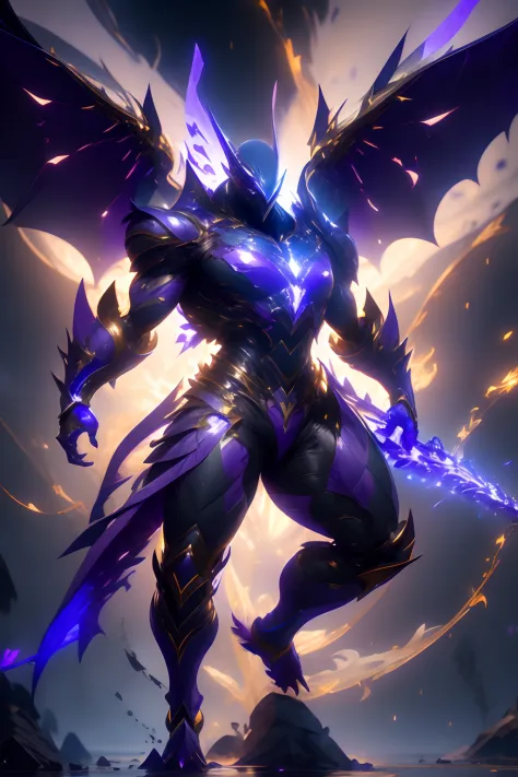 ​masterpiece、top-quality、1boy、Full body like、Pteranodon-inspired armor suit、Dinosaur wings grow on the back、in fighting、Punching Pose、Purple Armor Suit、、glowing yellow eyes、Holding a purple spear of thunder、Purple Energy、Purple Spark、Male 2、wears a suit、Da...