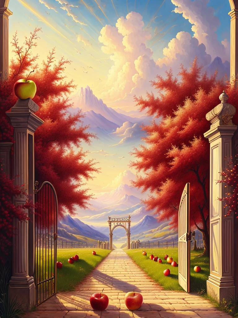 Heaven fantasy painting, big pearly gate in heaven, apples, fruit, 8k, trending on art station, digital art, Raphael Lacoste