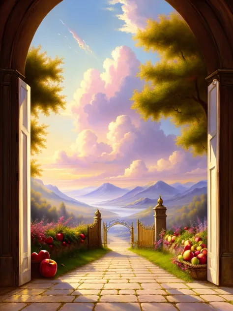 Heaven fantasy painting, big pearly gate in heaven, apples, fruit, 8k, trending on art station, digital art, Raphael Lacoste