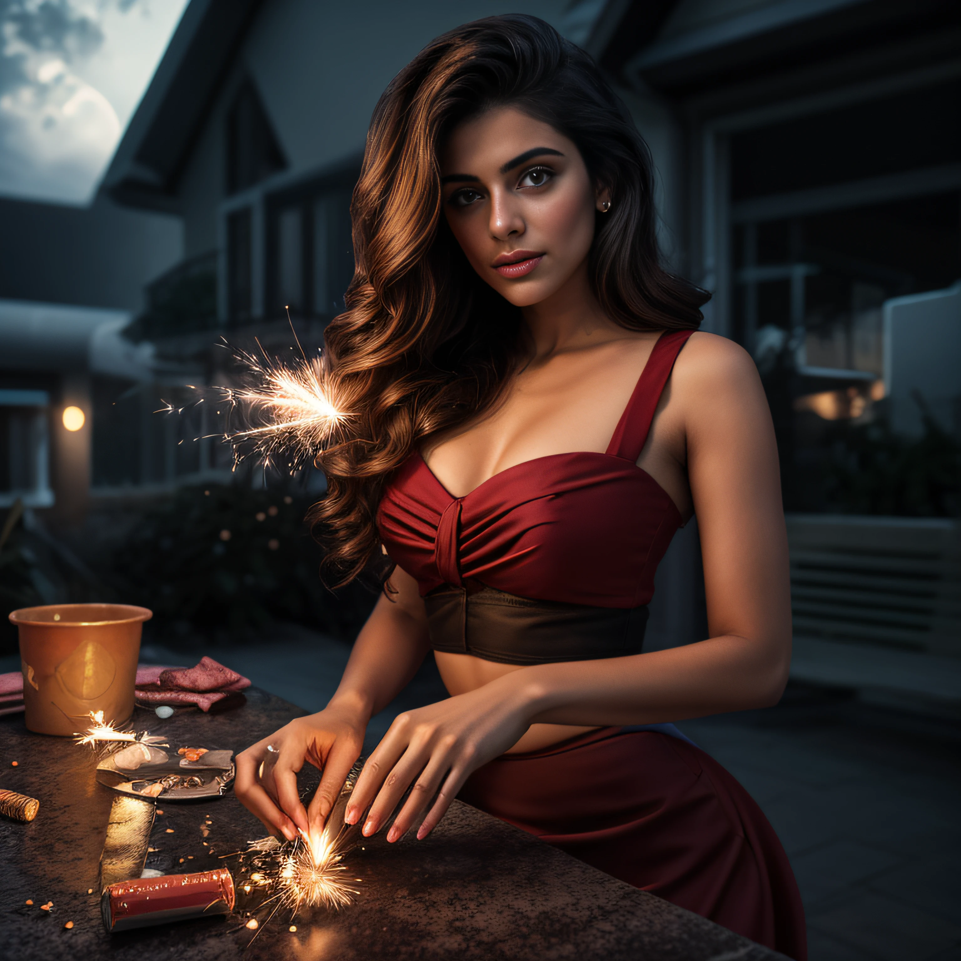 ((Dark Night time sparking crackers linght on sky)) araffe indian woman in a red skirt holding a sparkler, brandon woelfel, sexy girl, indian  girl, attractive girl, beautiful asian girl, indian goddess, beautiful model girl, instagram model, 8k artgerm bokeh, beautiful girl model, indian girl, cute woman, girl under lantern, 4 k post, 4k post, flares, night time