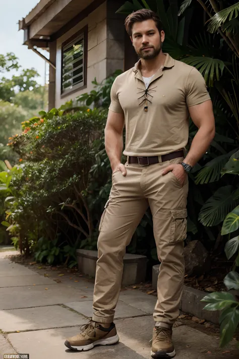 Blend of comic book art and lineart in full natural colors. A full body portrait shot of an attractive and muscular man in his early 30s, with short-cropped brown hair and a stubble beard, wearing a bandana and a shirt in beige color and cargo pants and hi...