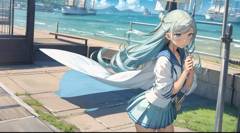 (master_piece, high_quality, beautiful, super delicate, absurdres:1.2), 1girl, mature, 16 years old, beutiful face, ahoge, hair fluttering in the wind, white hair, blue eye, (sailor suit, translucent fluttering skirt, skirt that sway in the wind:1.2), port...