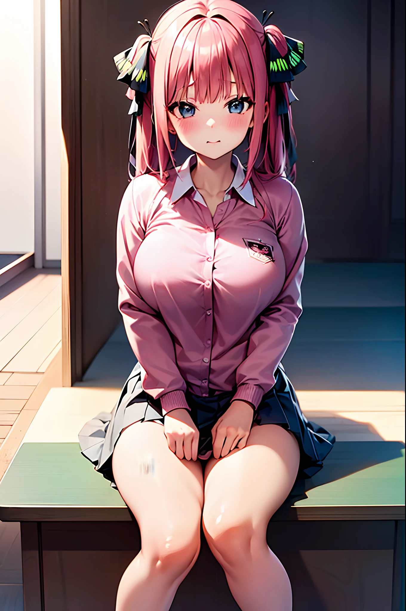 Anime girl sitting on a bench with her legs crossed - SeaArt AI