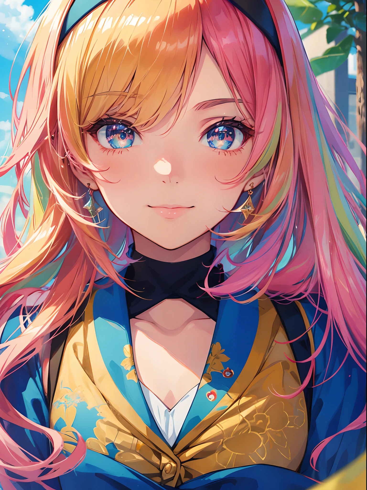 a beautiful illustration of a portrait of a 16 years old anime girl with iconic colourful fashion,wearing school uniform, sparkling eyes,greeting to viewers, sunny day, calm smiling, detailed luxury background, depth of field,front view, close up, in the style of 32k uhd, colorful arrangements, colorful brushwork, i can't believe how beautiful this is, ferrania p30, illustration,