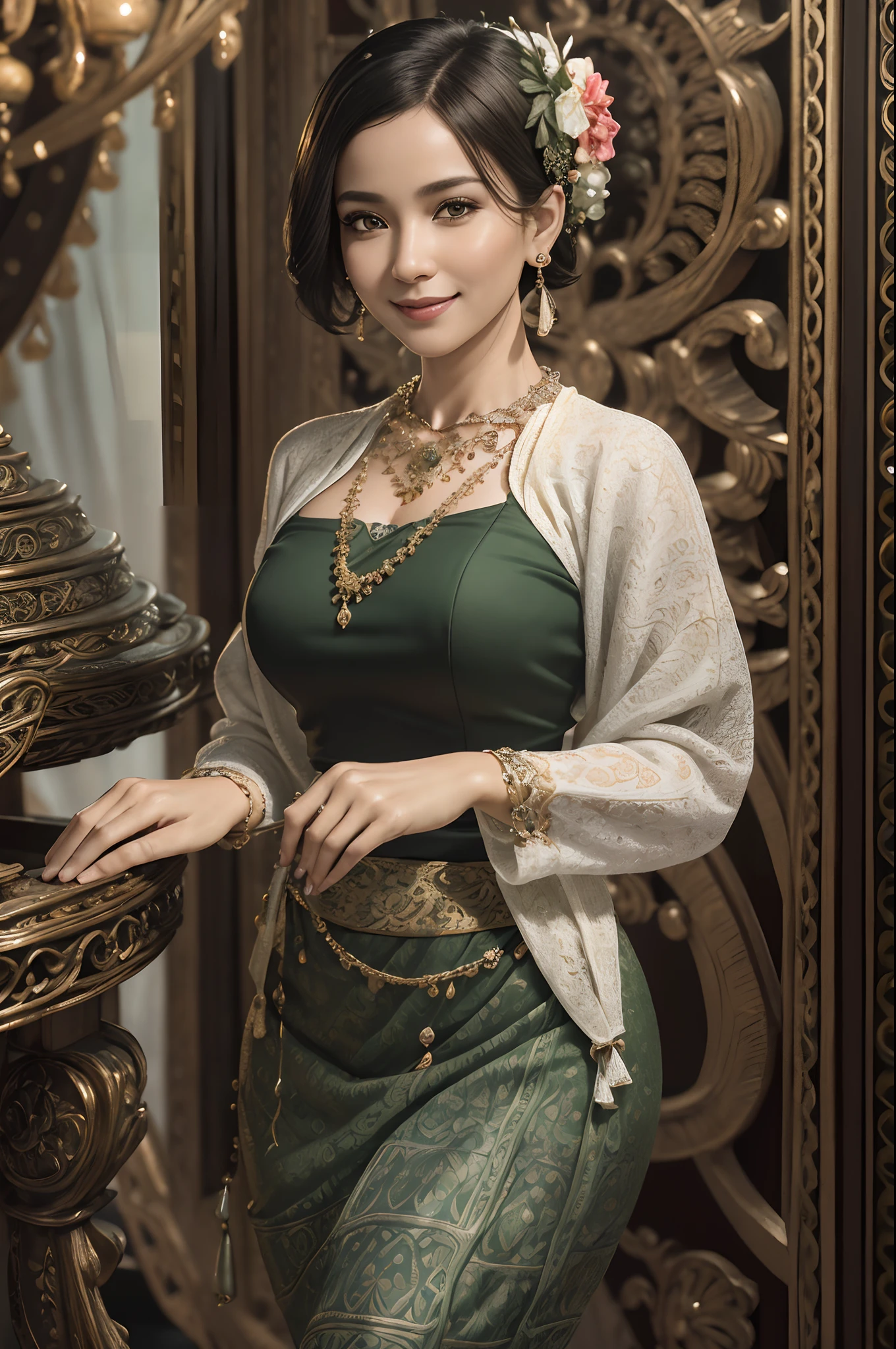 (realistic:1.3), insane detailed, quality, (masterpiece:1.2), (photorealistic:1.2), (best quality), (detailed skin:1.3), (intricate details), ray tracing, ((half body)), ((1woman)), (((1 person))), 40 years old, short hair, smile, green dress, skirt with pattern, color contrast between the dress and the skirt, skirt pattern, earrings, necklace, Javanese ornament, (blurred background)