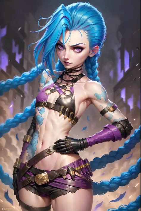 ((Best quality)), ((masterpiece)), (highly detailed:1.3) (league of leagends) Jinx, lol, sexual seduction look, in black bikini, looking at the spectator, moist body, big action packed explosion in the background, sensuality in the body, small chest, tight...