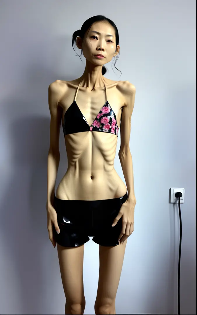 very thin woman，A thin body，Protruding sternum，The waist is very thin，The  ribs are noticeable，Protruding ribs，The pelvic protrusion is very  obvious，The pelvis is markedly elevated，Legs are just skin and bones，White  skin of the，thin shoulde，The
