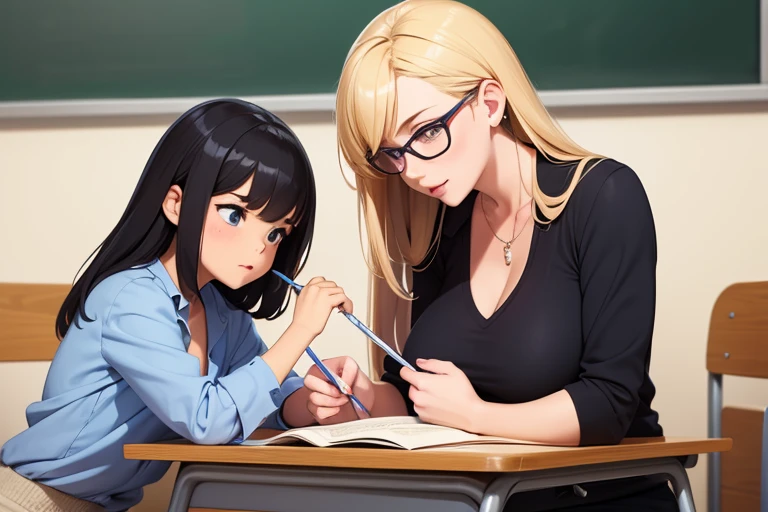 A nice motherly sexy teacher helping a little student do homework in class