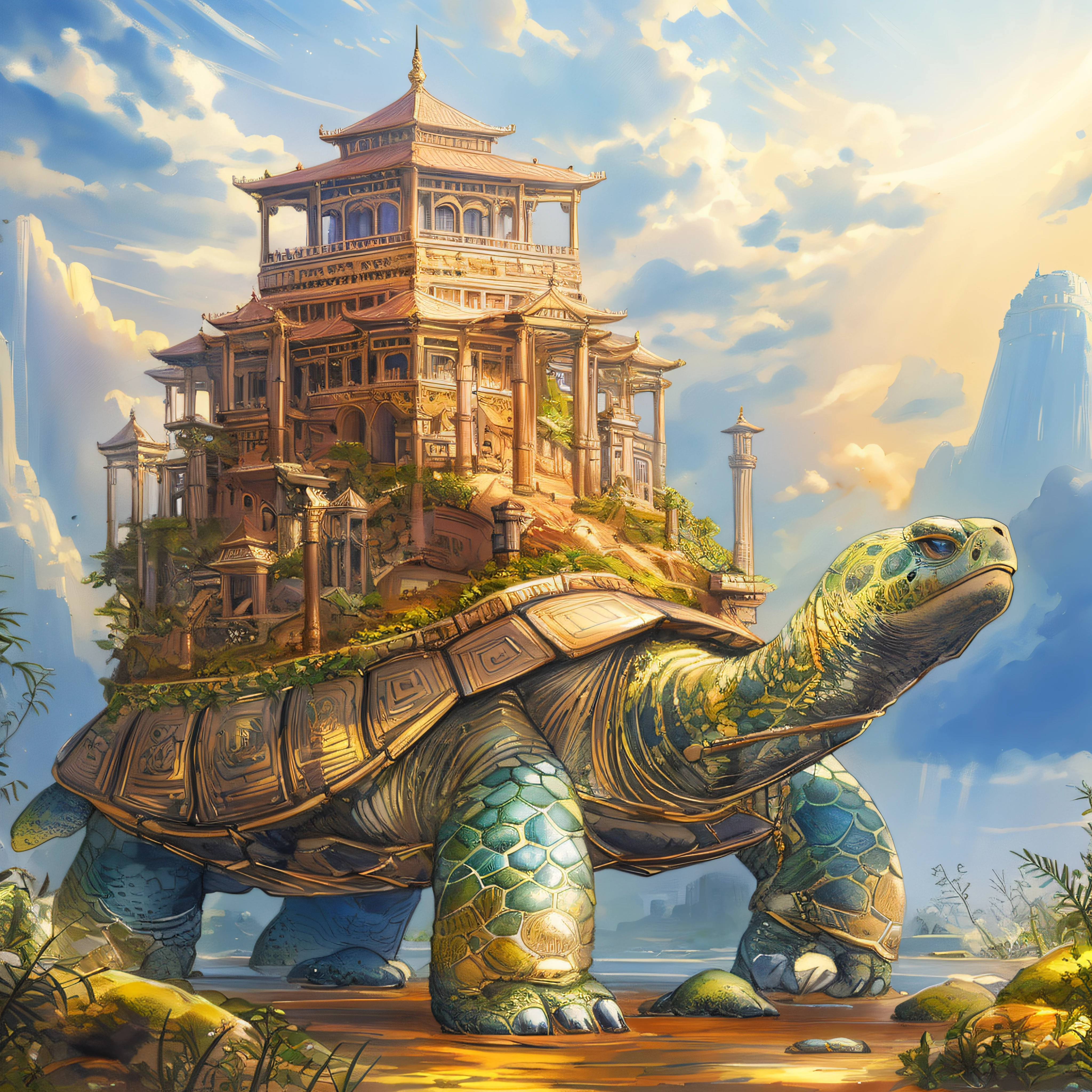 Painting of a turtle carrying an ancient city on its back, highly detailed fantasy art, realistic fantasy illustration, Highly detailed fantasy, Fantasy architecture, Isometric 3D Fantasy Turtle, floatingpalace,