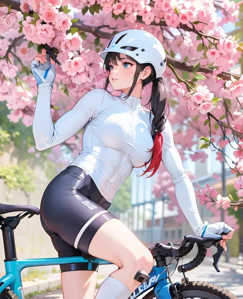 {{Masterpiece, Best quality, Extremely detailed CG, Unity 8k wallpaper, Cinematic lighting, }}, Woman riding a bicycle in a whit...