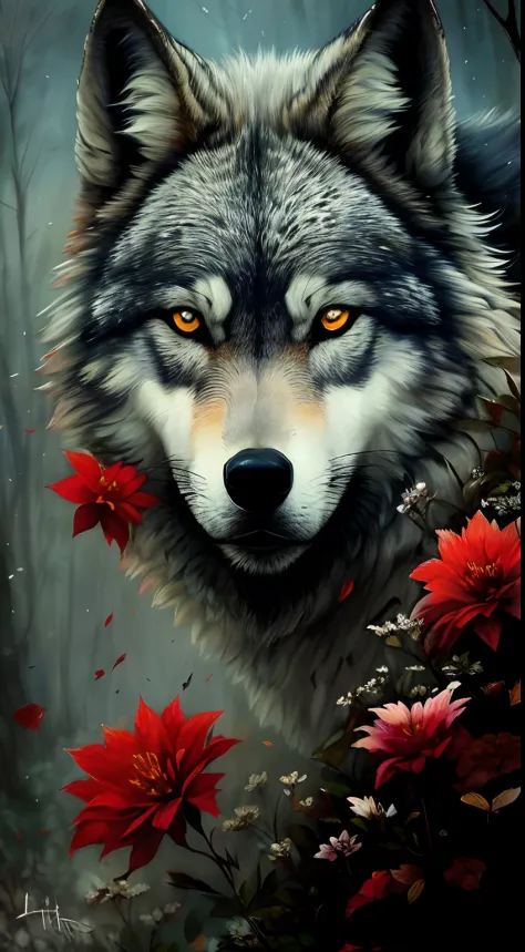 pintura de um lobo em uma floresta com flores vermelhas, retrato do lobo, grande lobo, lobo, lobo cinzento escuro, foto de lobo, Retrato de um lobo, lobo peludo, retrato do lobo da fantasia, lobo, alpha wolf head, Ele tem olhos de lobo amarelos, wolf head,...