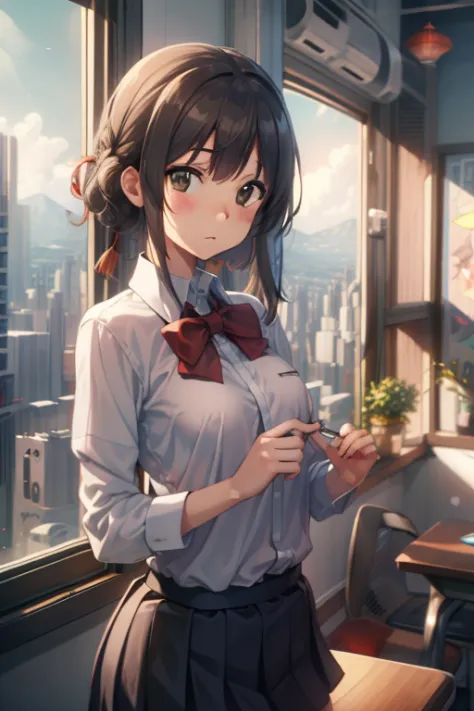 mitsuhamiyamizu, mitsuha miyamizu, black hair, (brown eyes:1.5), hair ribbon, (small breast:1.2),
break bow, bowtie, kneehighs, ...