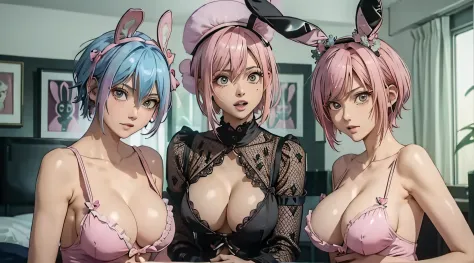Sareme、((Three incredibly beautiful villainous women in obscene pink bunny suits:1.3))、((NSFW))、Asymmetrical ultra-short hair,、cleavage of the breast、a matural female、Very boyish and cool、Shaved head、sky blue hair,Red inner hair、Bedroom with cyberpunk nigh...