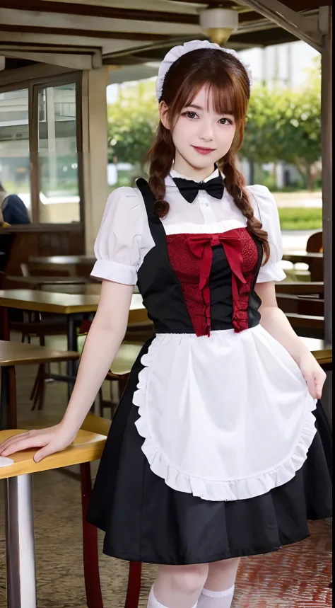 promo photo, The place is a seaside cafeteria，1 girl, 16-year-old face, waitresses, Red-headed twin-tailed, Gentle face, Gothic Lolita half costume and maid costume with strawberry image, Clothes based on white,
